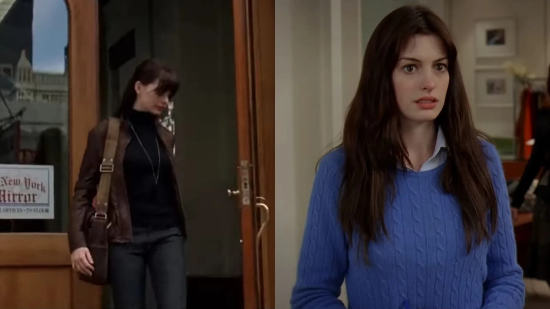 left picture shows andy wearing a brown jacket and walking down stairs in original film, while photo on right depicts andy in the cerulean blue jumper