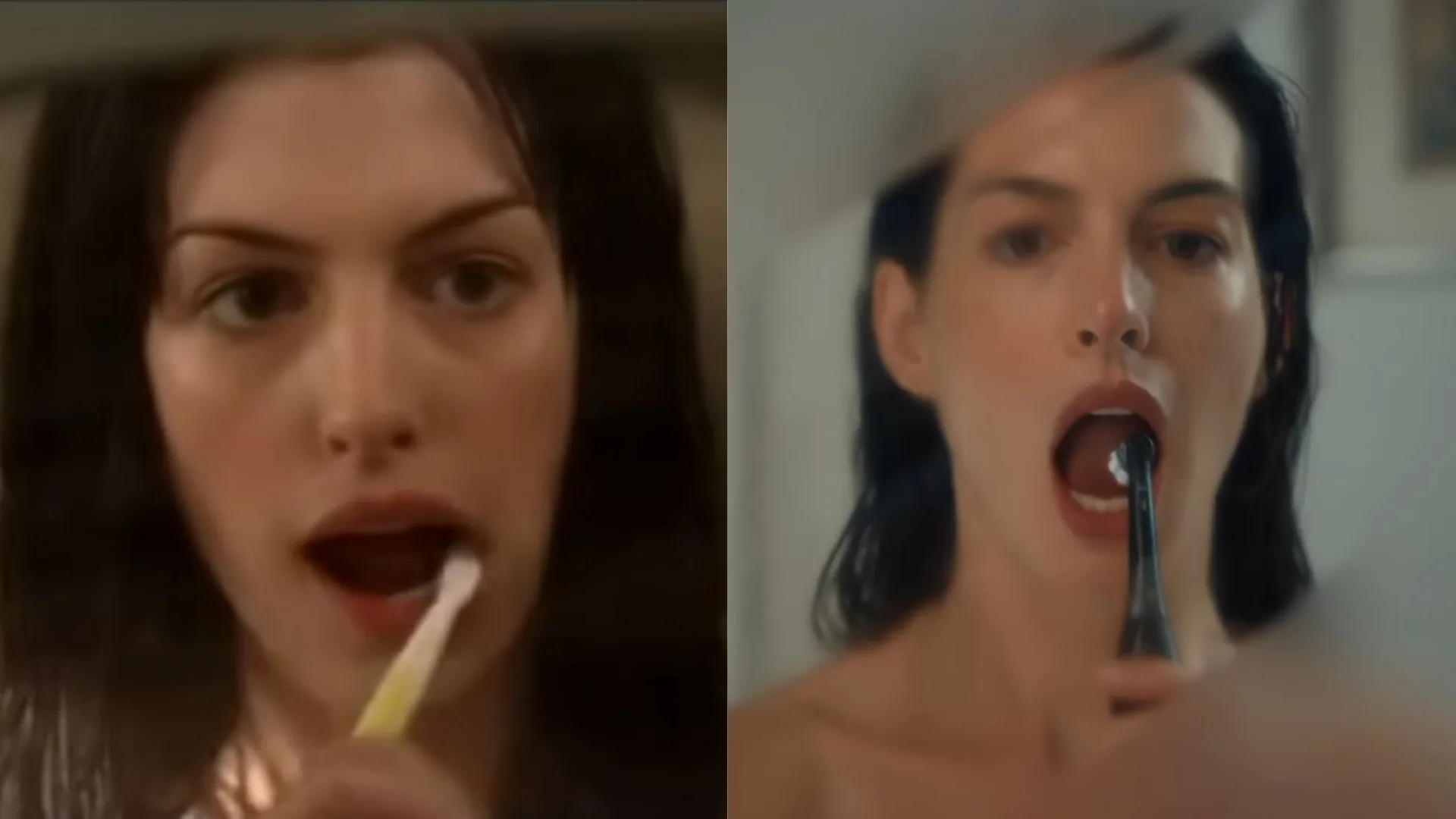 ANNE HATHAWAY Brushing he teeth in the mirror in original film vs sequel