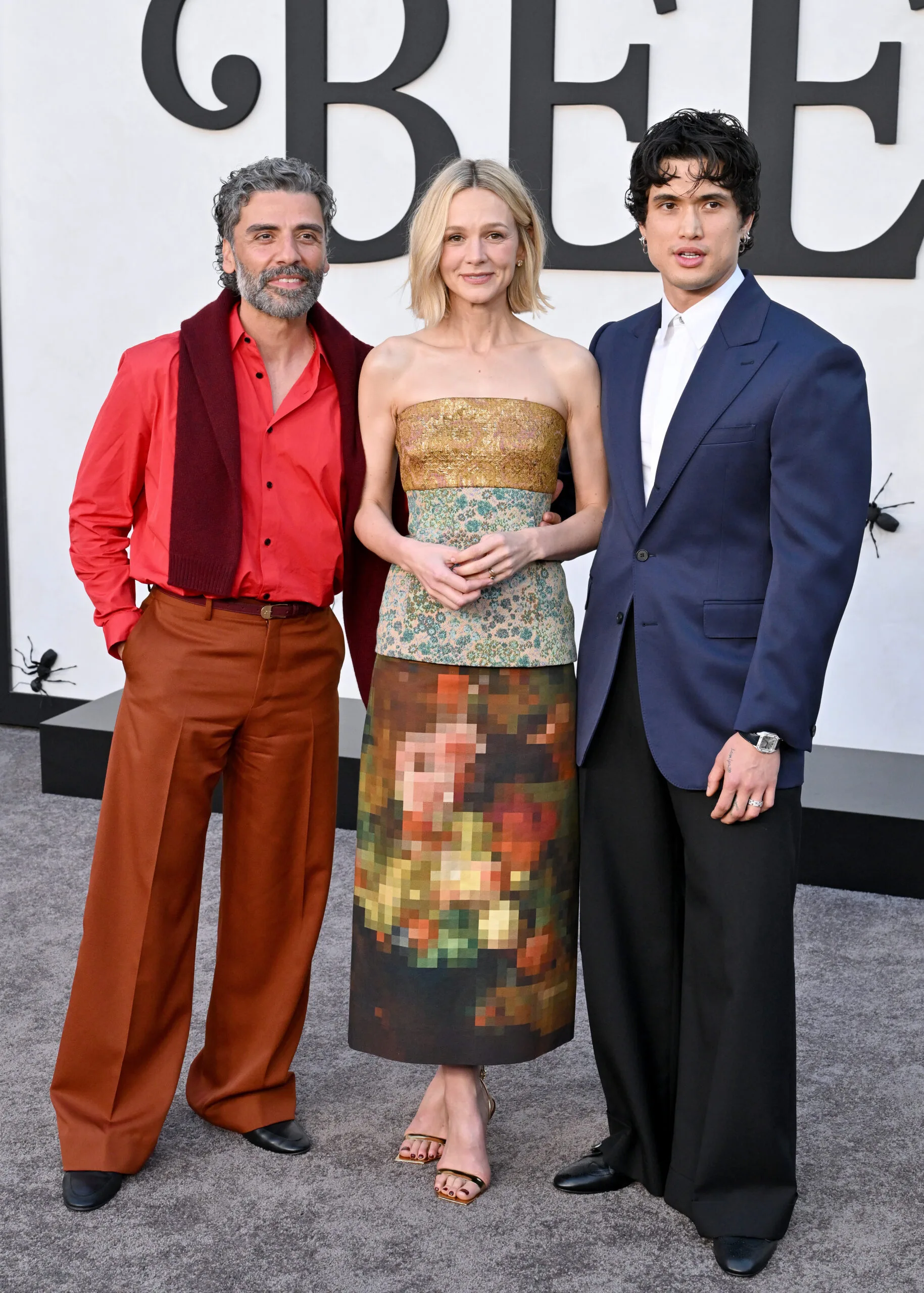 oscar isaac, carey mulligan and charles melton at the beef season 2 premiere red carpet.