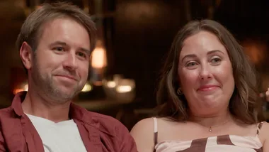 MAFS Rachel and Steven sitting on the couch together.