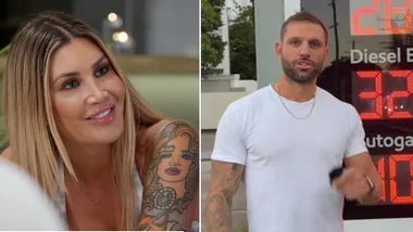 MAFS Gia looking shocked (left) and Scott standing in front of fuel sign at a petrol station (right).