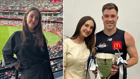 Alexandra Merrett at an AFL game (left) and Alexandra and Zach standing together while he holds a large trophy (right).