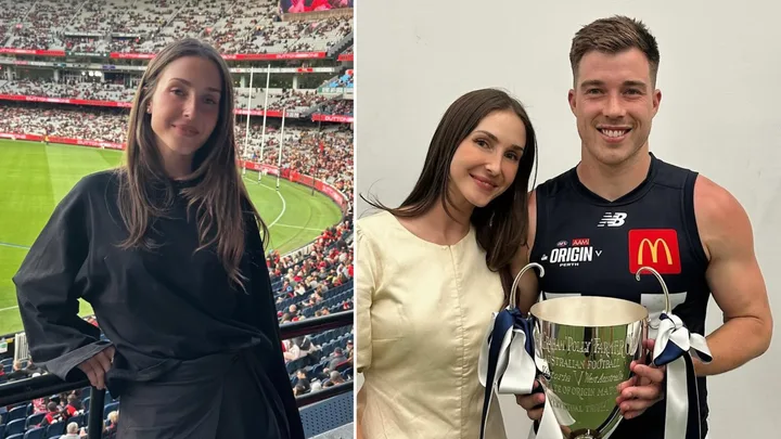 Alexandra Merrett at an AFL game (left) and Alexandra and Zach standing together while he holds a large trophy (right).