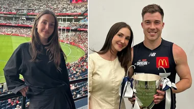 Alexandra Merrett at an AFL game (left) and Alexandra and Zach standing together while he holds a large trophy (right).