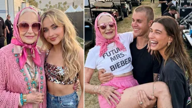 Granny Spills poses with Sabrina Carpenter (left) and the Biebers (right).