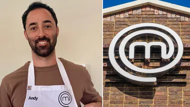 MasterChef judge Andy Allen (left) and the MasterChef logo (right).