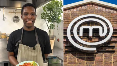 Olaulu Olorunnimbe holds up a dish while wearing an apron (left) and the MasterChef logo (right).