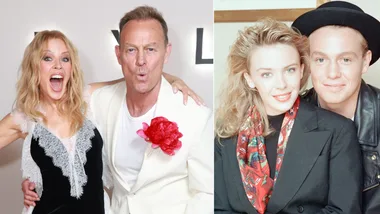 Kylie Minogue and Jason Donovan (left) on the red carpet and them as youngsters (right).