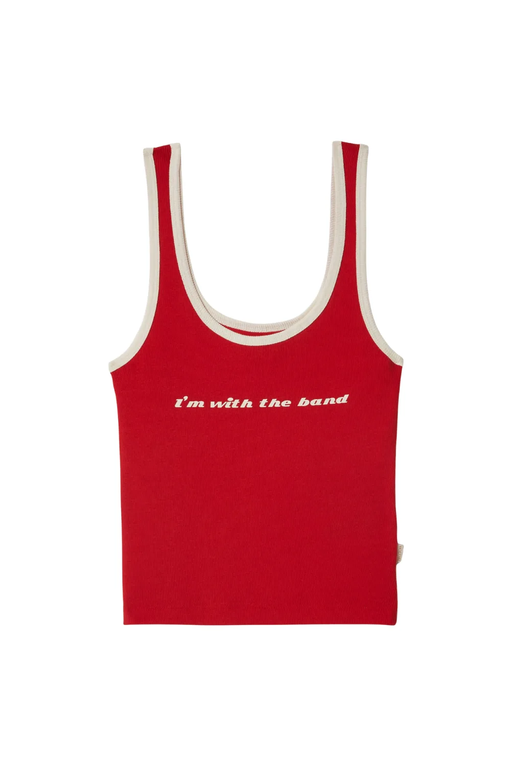 Red ribbed tank top with the words: "I'm with the band" written on the front