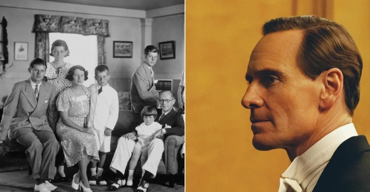 left image of the kennedy family and the right image is of michael fassbender in character against a yellow wall