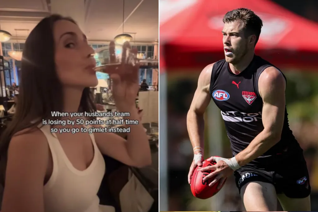 Alexandra Merrett drinking wine (left) and Zach Merrett playing football (right).