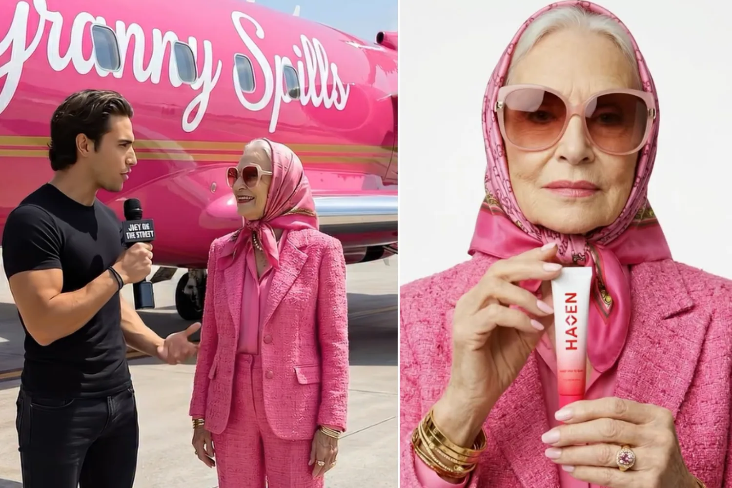 Coachella AI influencer 'speaks' to a man in front of a private jet (left) and poses for a beauty product campaign (right). 