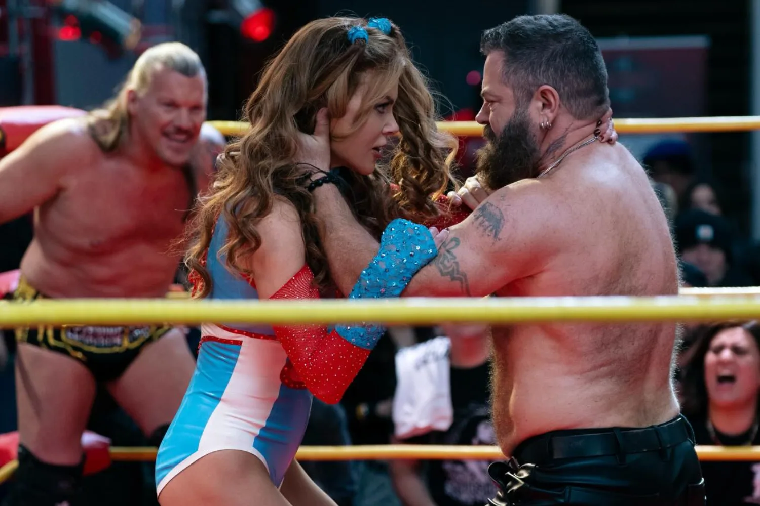 Nicole Kidman and Nick Offerman wrestling as their characters in Margo's Got Money Troubles.