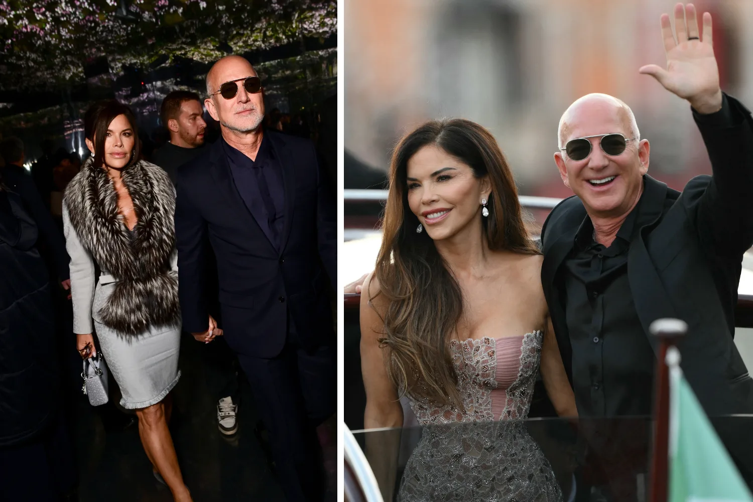 Jeff and Lauren Sanchez Bezos attended 2026 Paris Couture week (left) and rented out Venice for their wedding (right). Credit: Getty.