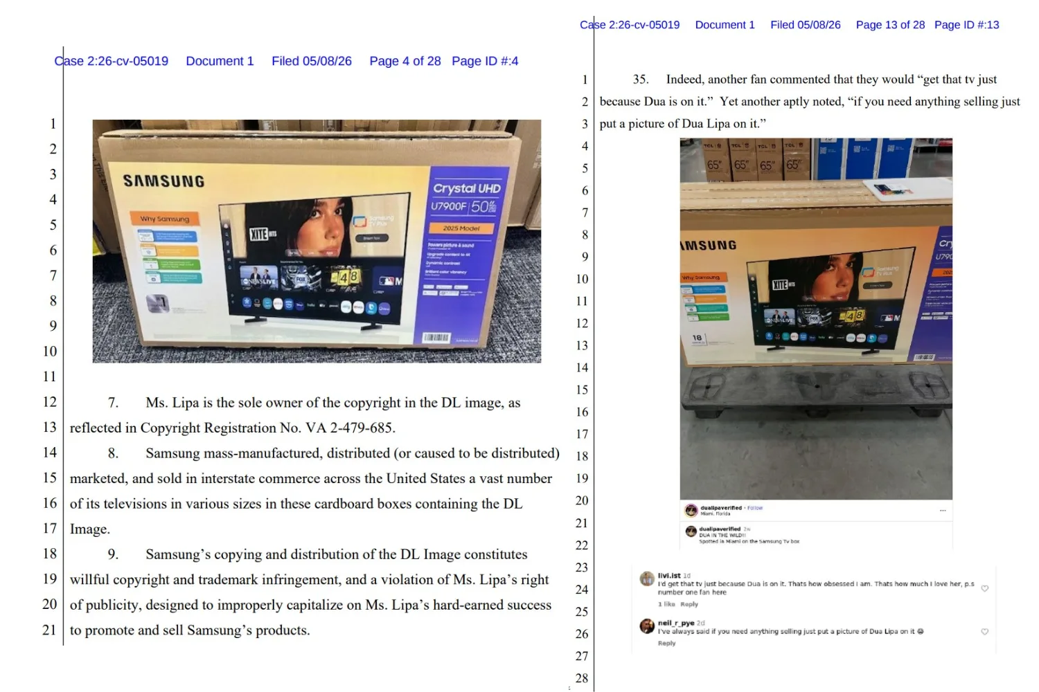 Dua Lipa's complaint cites evidence of her face on the TV packaging resulting in TV sales. Credit: Dua Lipa's complaint.