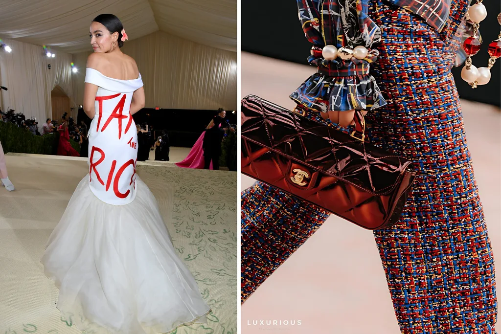 AOC wrote "Tax the rich" on her dress to the 2021 Met Gala (left) and Chanel launched it's NEVOLD collection in 2025 (right). Credit: Getty, IG/luxuriousbymm
