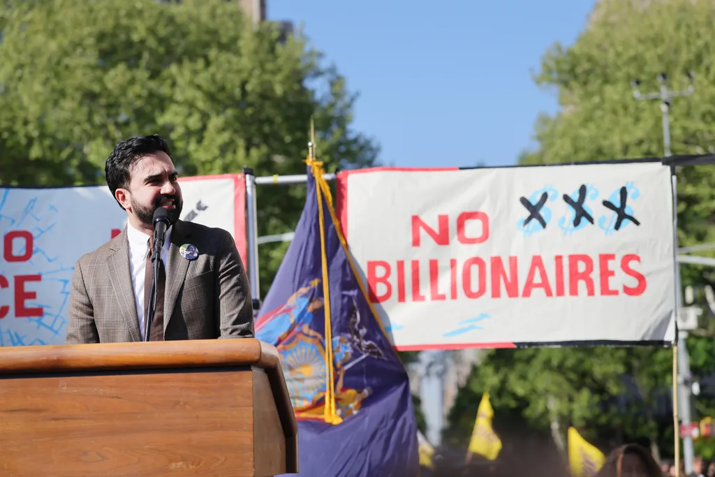 New York City Mayor Zohran Mamdani spoke at a rally in Washington Square Park for May Day on May 1, 2026. Credit: Getty.