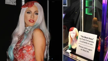 Lady Gaga wearing the meat dress (left) and the fake picture claiming the meat dress is on loan from the Haus of Gaga in Las Vegas (right).