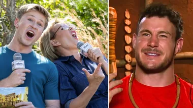 Robert Irwin and Julia Morris hosting I'm A Celebrity (left) and Luke Bateman in The Jungle (right).