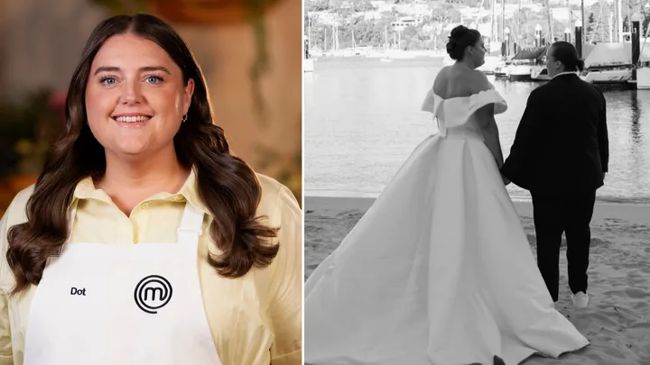Dot McHugh in her white MasterChef apron (left) and her with her partner Katie on their wedding day (right).