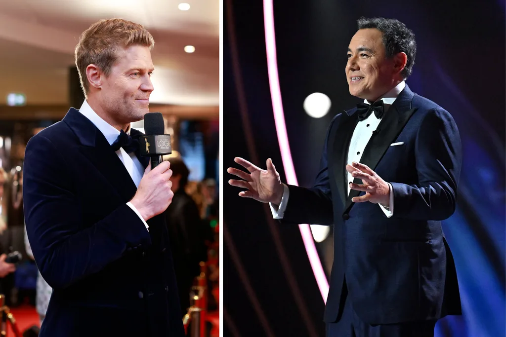 Dr Chris Brown hosting the Logies red carpet (left) and Sam Pang on the main stage of the Logies hosting (right).