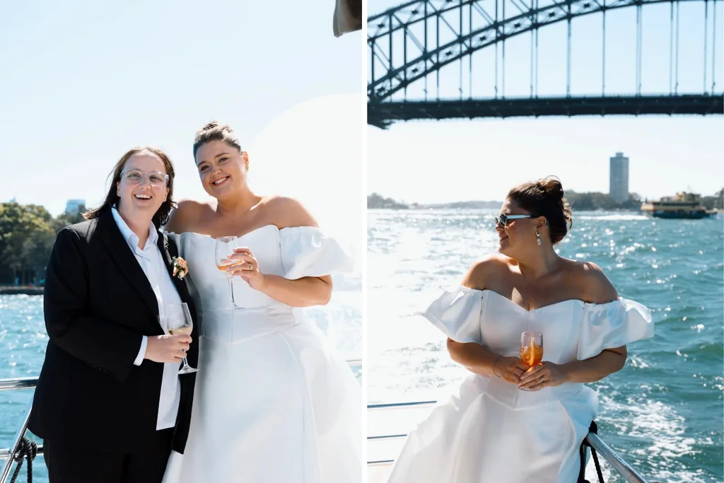 MasterChef's Dot McHugh with her partner Katie (left) and Dot wearing her wedding dress under the Sydney Harbour Bridge (right).