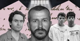 a composite image of ted bundy, chris watts, and the menendez brothers against a love letter backdrop in a jail cell