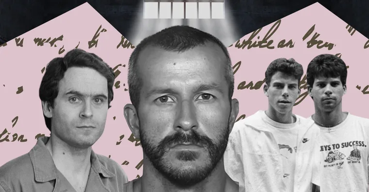 a composite image of ted bundy, chris watts, and the menendez brothers against a love letter backdrop in a jail cell