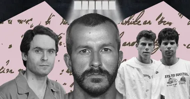 a composite image of ted bundy, chris watts, and the menendez brothers against a love letter backdrop in a jail cell