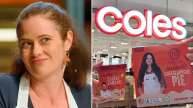 MasterChef Hannah in her white apron (left) and her pie and Pat's ice cream held up in front of a Coles sign (right).