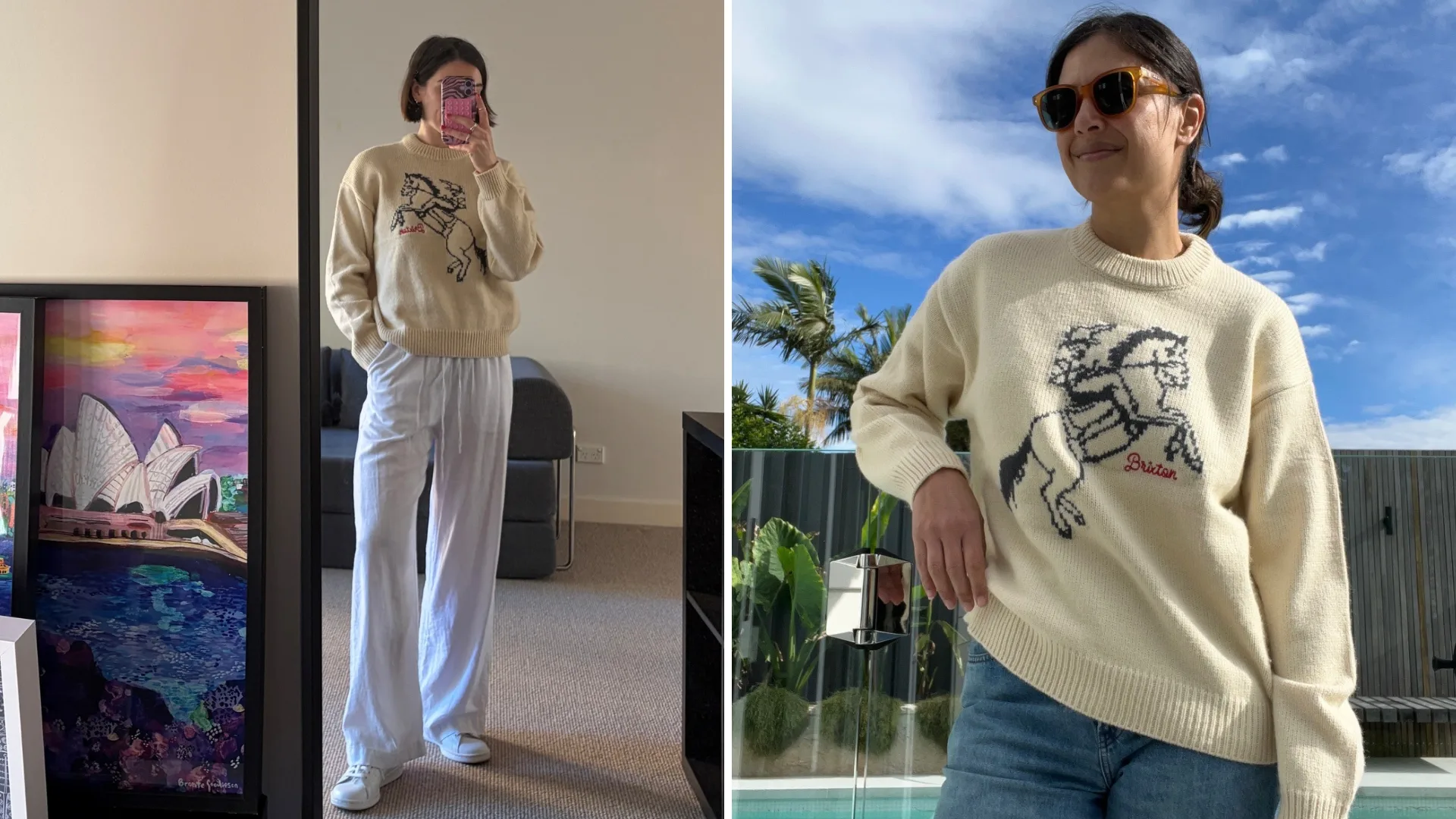 Sophie (left) and Lyndsey (right) wear the Brixton ranching club crew sweater. Pic: Supplied 