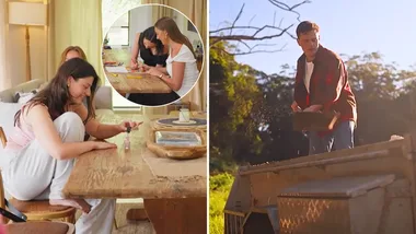Split-screen image from Farmer Wants A Wife showing a woman painting her nails with friends and a farmer working outdoors on his property.