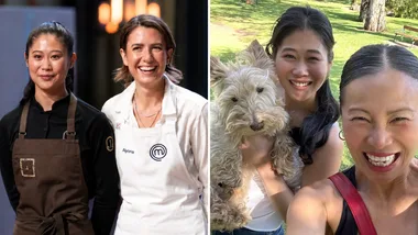 Jess Lemon and a MasterChef contestant and Jess Lemon holding a dog and standing with MasterChef judge Poh Ling Yeow. Credit: Instagram/Channel Ten