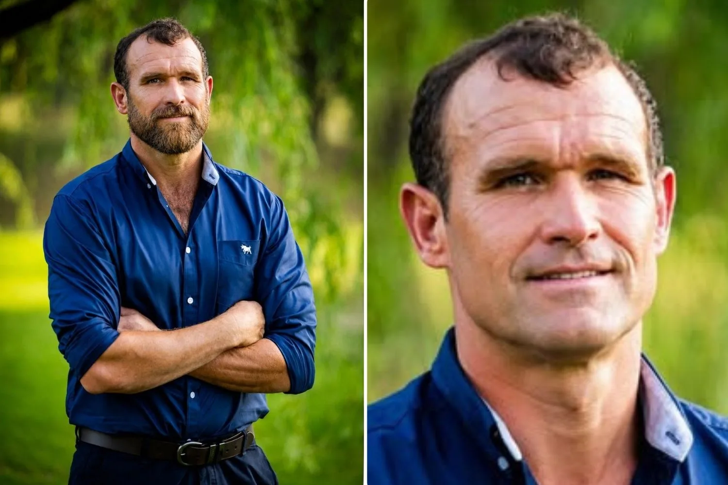 Photos of Farmer Jason with a short beard and without a beard.
