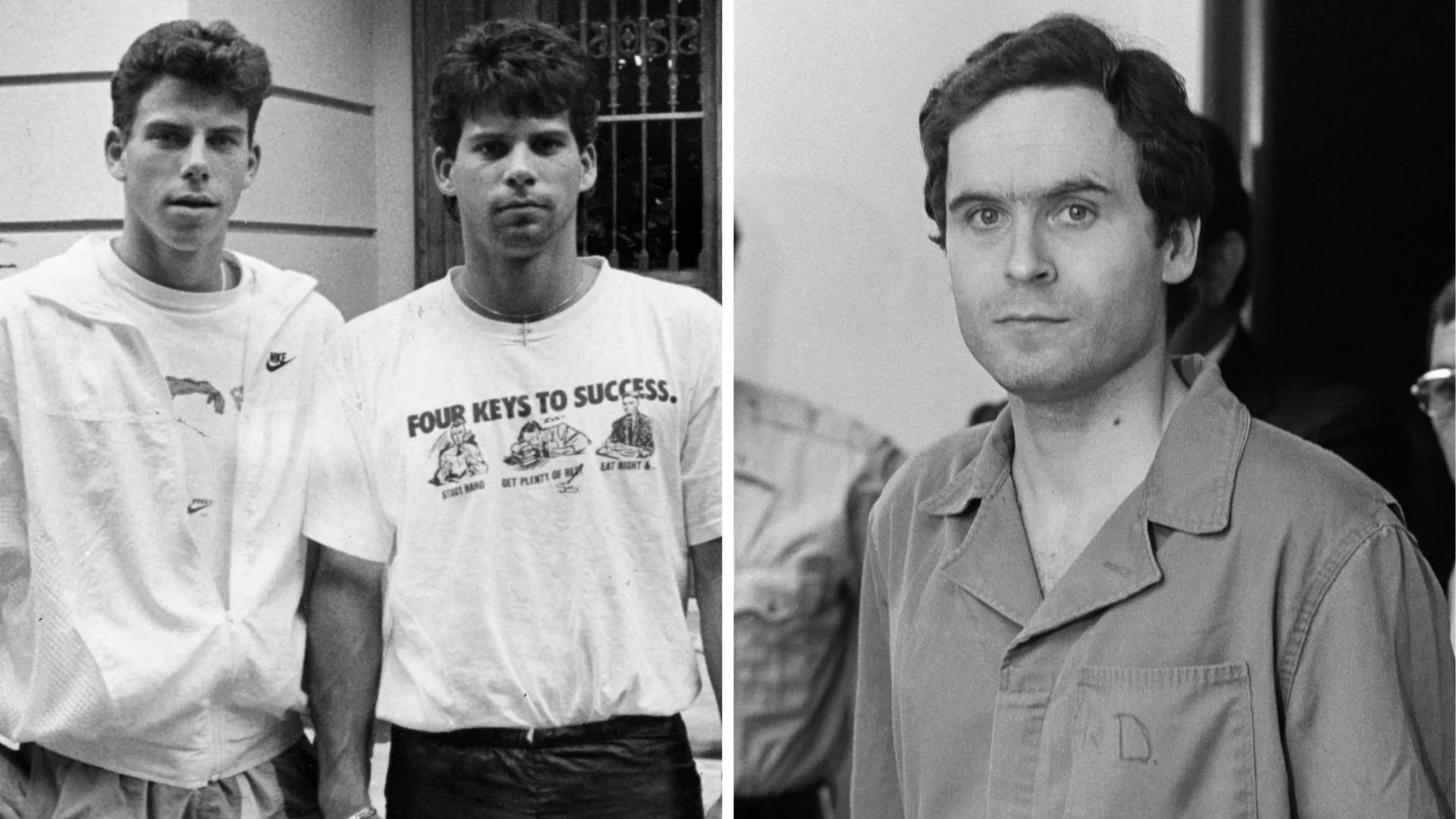composite image of the menendez brothers on the left and ted bundy on the right