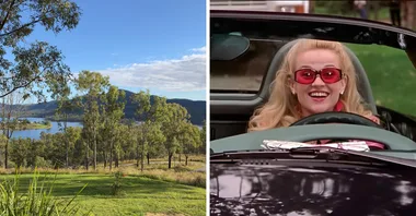 a collage with one image of the scenic rim and the other of elle woods driving happily