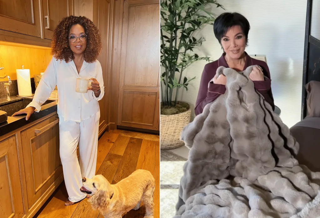 Oprah Winfery poses with a dog and a cup of tea in a set of White Pajamas and Kris Jenner holds up a great, fluffy blanket. Credit: Oprah Daily/Kris Jennner/Facebook