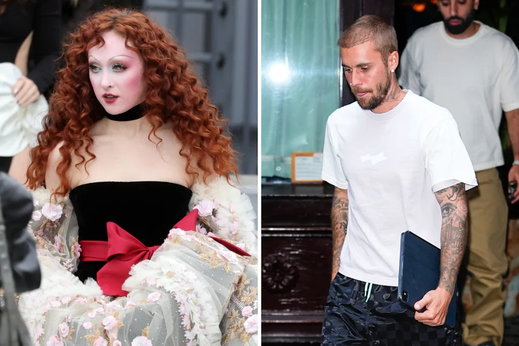 wo side-by-side images show singer Chappell Roan and Justin Bieber. On the left, Chappell Roan wears a dramatic black velvet strapless gown with voluminous floral tulle sleeves, a large red bow at the waist, a black velvet choker and her signature curly red hair. On the right, Justin Bieber is pictured leaving a venue in a plain white T-shirt, patterned shorts and earrings, carrying a tablet under his arm.