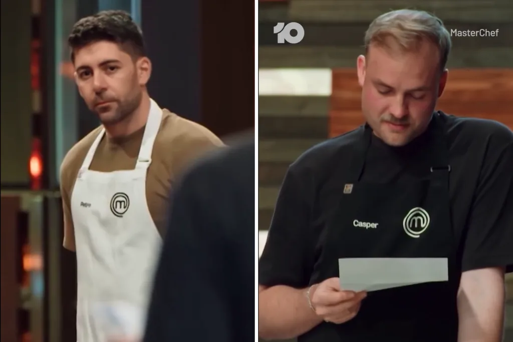 Split-screen image from MasterChef Australia. On the left, contestant Petro, wearing a white MasterChef apron over a tan shirt, looks on with a serious expression. On the right, contestant Casper, dressed in a black MasterChef apron, reads a letter while looking down, appearing emotional.