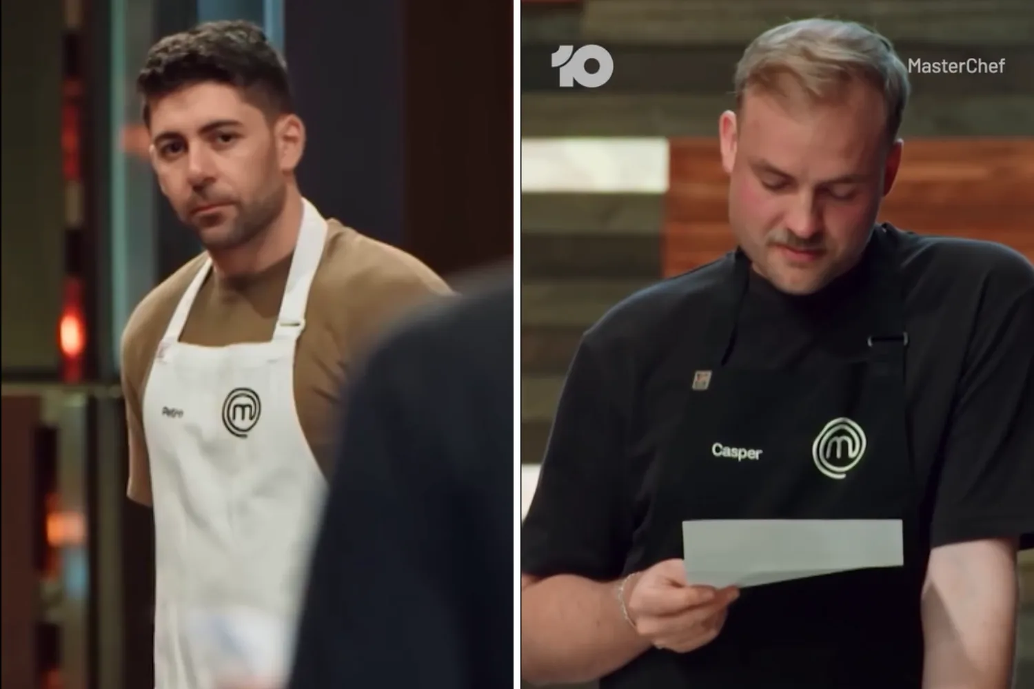 Split-screen image from MasterChef Australia. On the left, contestant Petro, wearing a white MasterChef apron over a tan shirt, looks on with a serious expression. On the right, contestant Casper, dressed in a black MasterChef apron, reads a letter while looking down, appearing emotional.