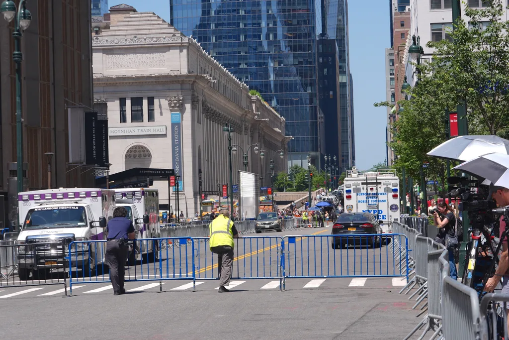 Exterior view of Madison Square Garden, the home arena of the NBA champion New York Knicks, as wedding preparations continue for American singer-songwriter Taylor Swift and NFL player Travis Kelce in New York City