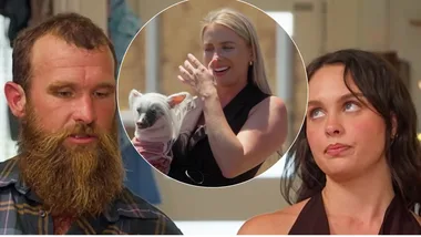 Farmer Wants A Wife Jason and Logan with an inset of Poppy and her dog.