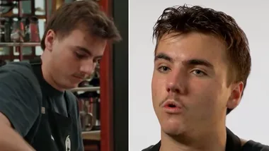 MasterChef's Luke cooking (left) and talking to producers (right).