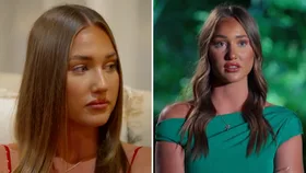 Side-by-side reaction shots of Miranda from Farmer Wants A Wife showing a close-up somber expression on the left and a speaking interview segment in a green dress on the right.