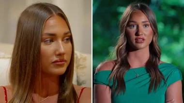 Side-by-side reaction shots of Miranda from Farmer Wants A Wife showing a close-up somber expression on the left and a speaking interview segment in a green dress on the right.