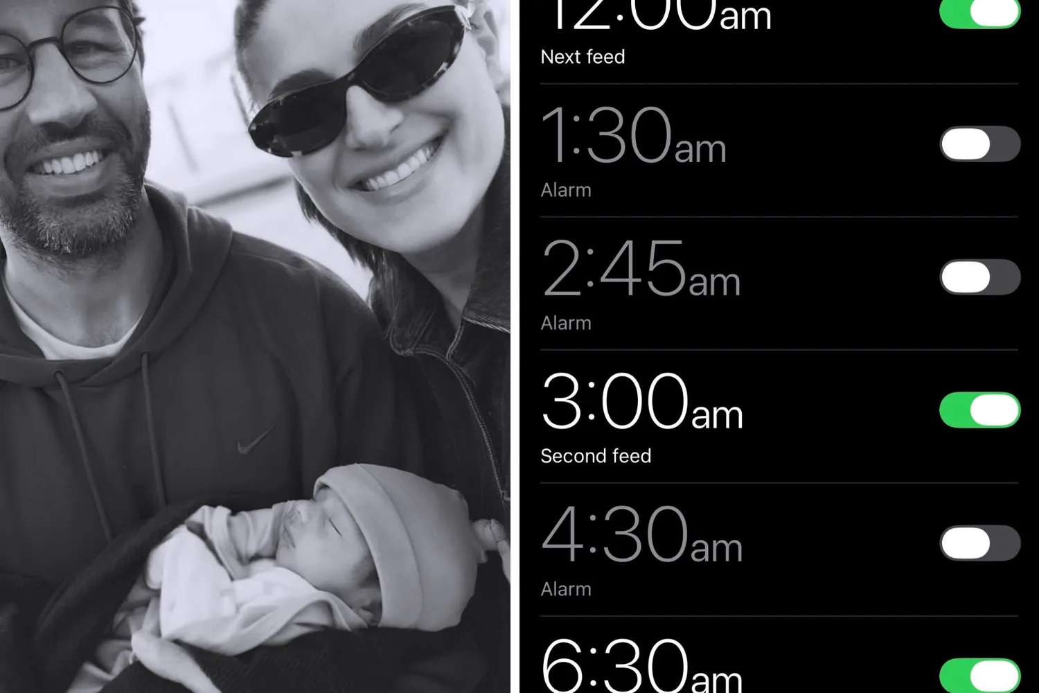 Sarah Abo and her husband (left) and her early feed-time alarms set on her phone (right)