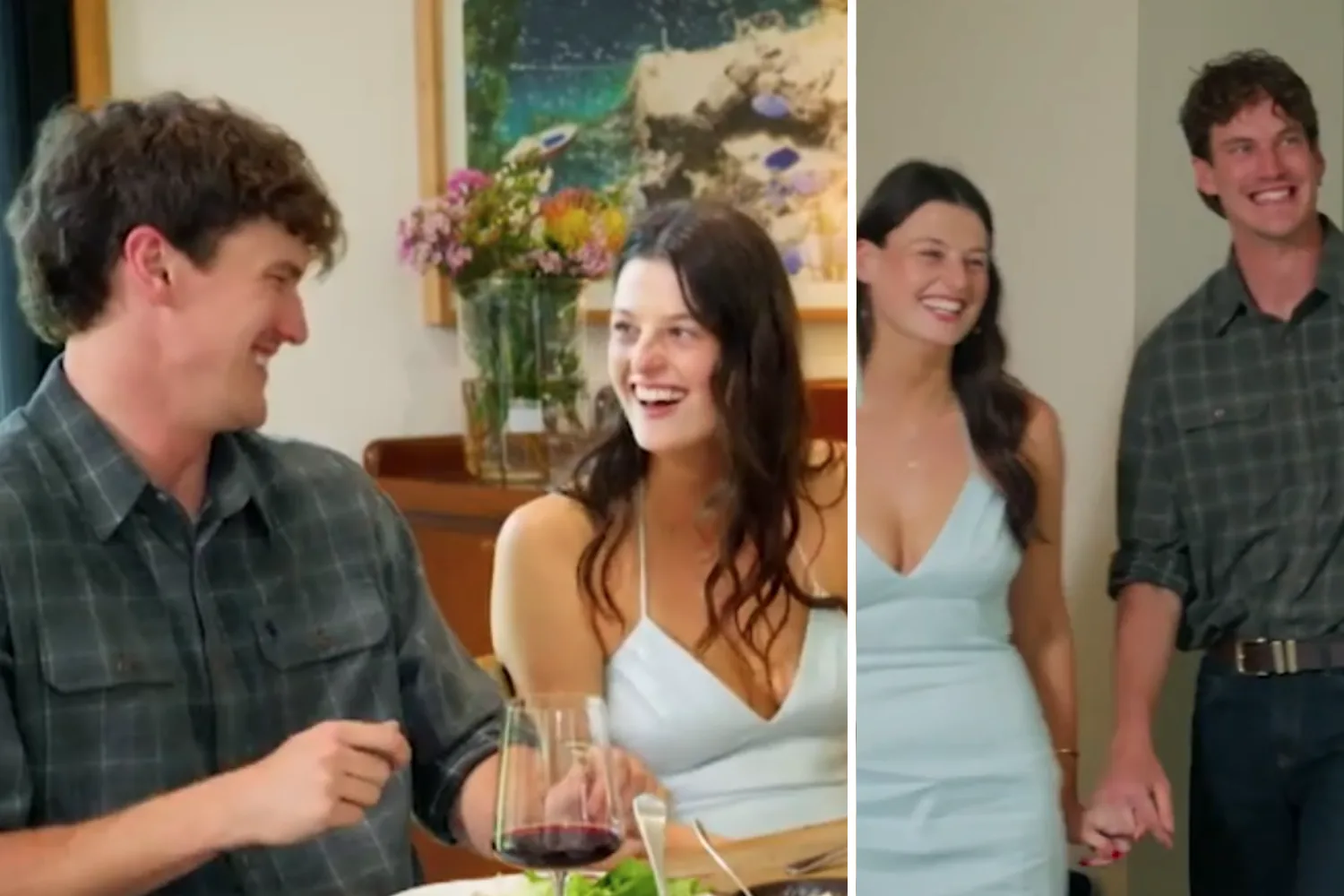 Farmer Wants A Wife Farmer Zac and Maya sitting at the table together (left) and holding hands (right). 
