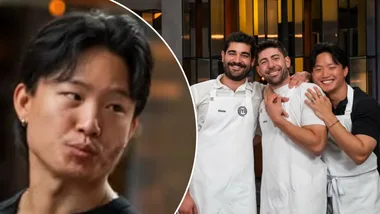 MasterChef's Aaron (left) and the three semi-finalists Aaron, Vinnie and Petro (right).
