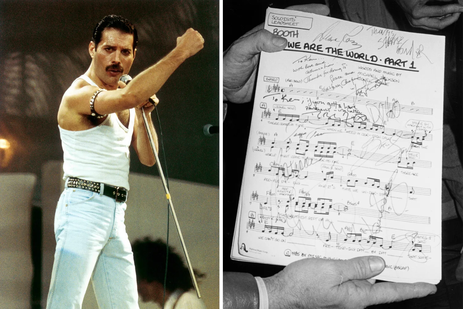 Freddie Mercury Live Aid (left), We are the world signed music sheet (right)