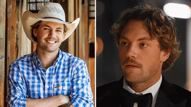 Farmer Wants A Wife's Dylan with his cowboy hat on (left) and his tux (right).